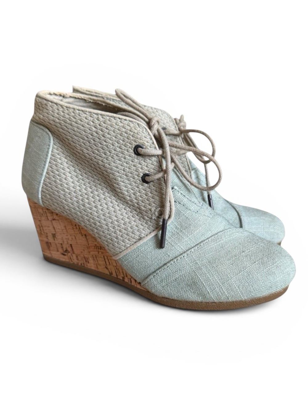 TOMS Wedge Booties Lace Up Cork Heel Canvas Tan Mint Size 7